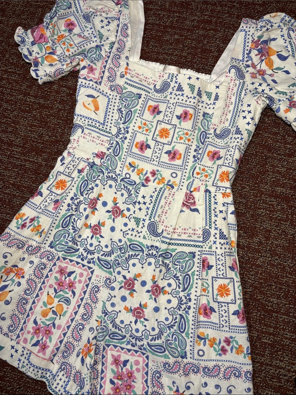 Caroline Constas romper embroidered print linen blend square neck paisley floral